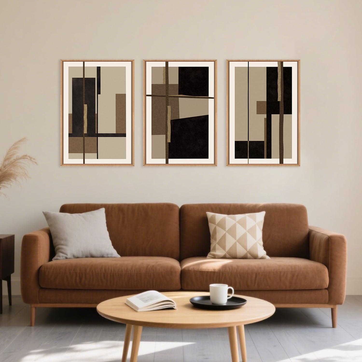 Abstract Shapes Framed Canvas Wall Art Set, Mid-Century Black Polygon Wall Decor, Black Brown Irregular Painting, Neutral Modern Art Print for Living Room, Dining Room, Office - 24'x36'x3