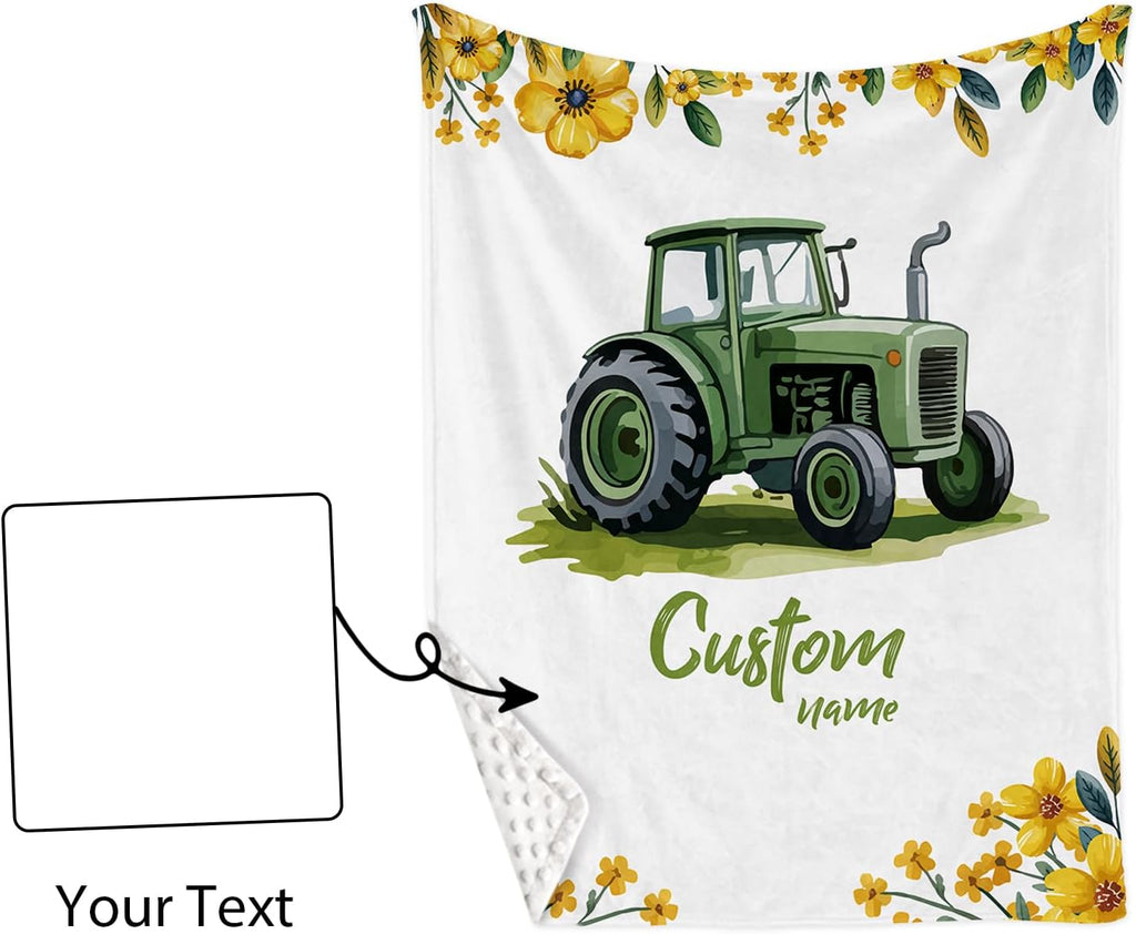 Personalized Crib Bedding Set for Baby Boys, Custom Name Baby Crib Sets 5-Pcs - Toddler Double Layer Blanket Fitted Sheet Changing Pad Cover Rug Wall Art Set, Green Tractor Theme Nursery Décor