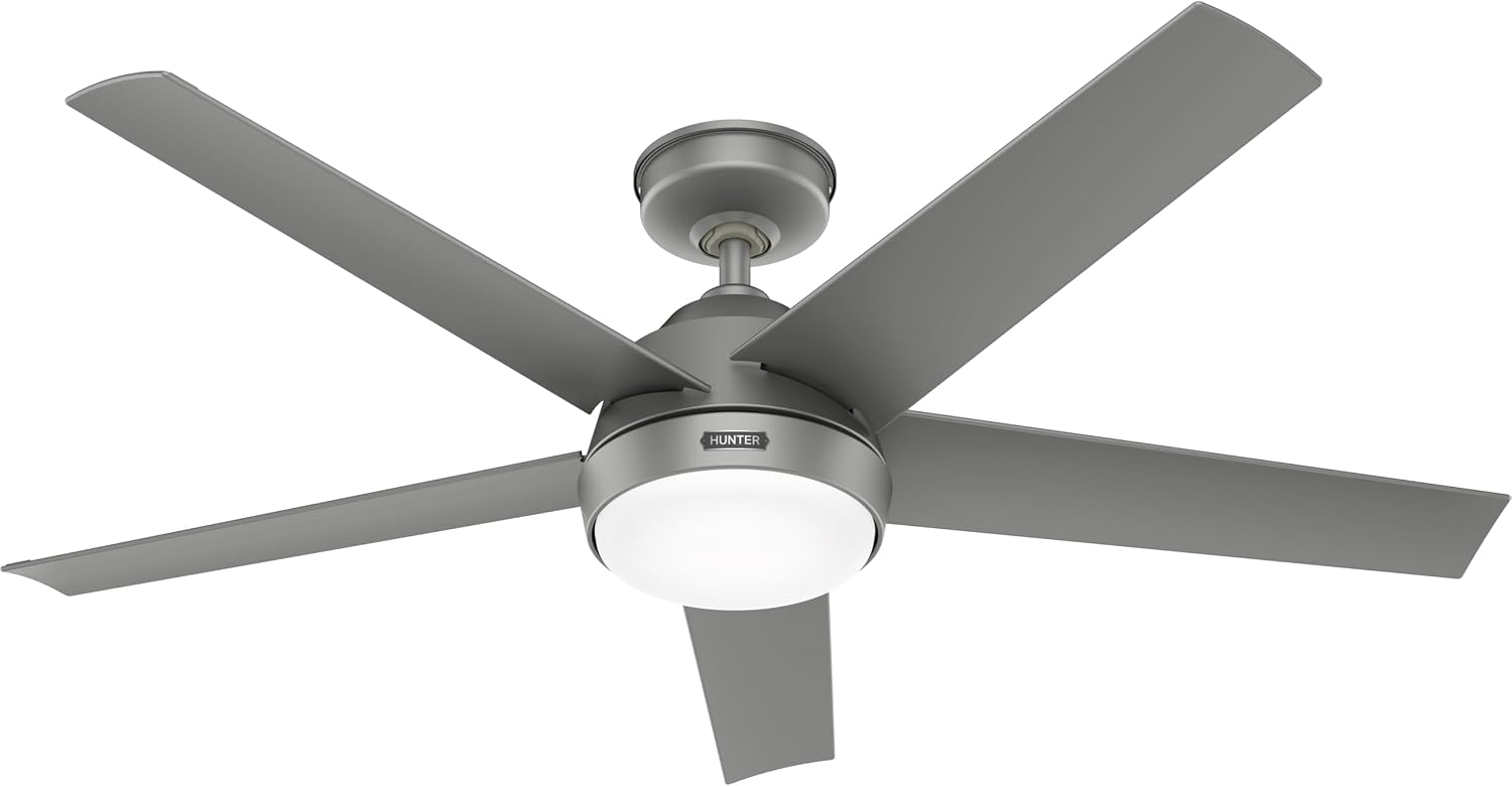Hunter Skyflow 52 inch Indoor/Outdoor Ceiling Fan with Light and Wall Control, Matte Silver Ceiling Fan, 3 Speed WhisperWind Motor, 52612, for Coastal Patios, Pergolas, Bedrooms, or Living Rooms