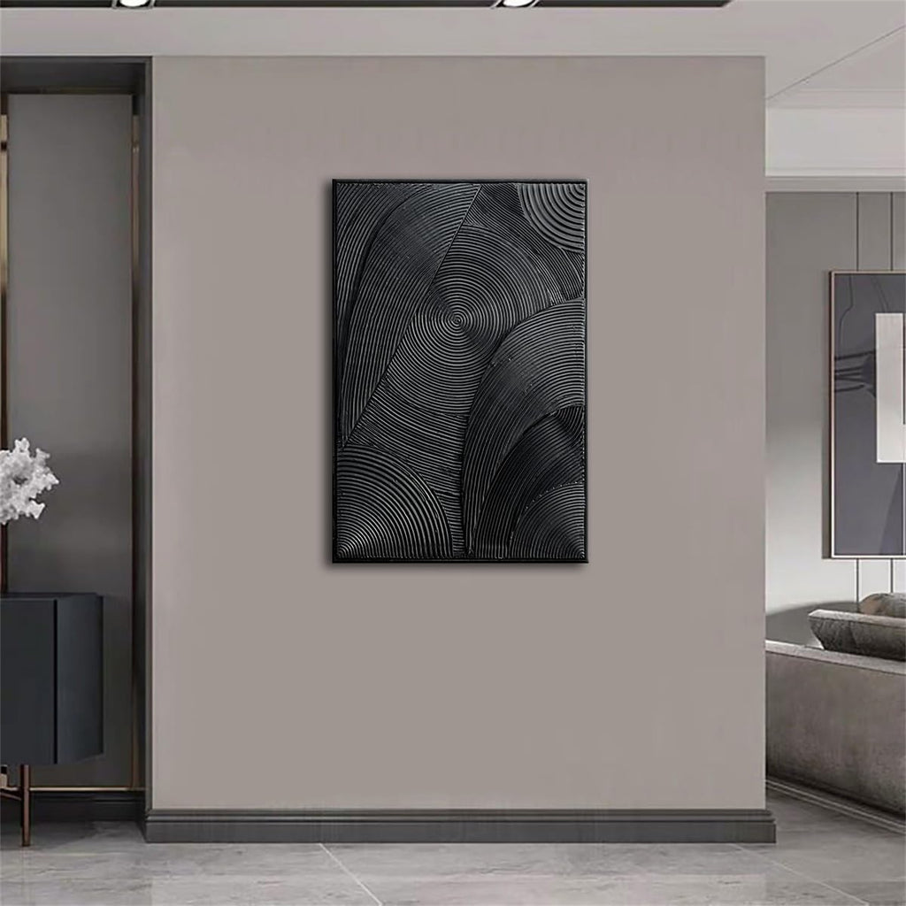 Slyart Black Textured Wall Art, Handmade Contemporary Art 3D Abstract Relief Painting, Framed Thick Texture Vertical Wall Art