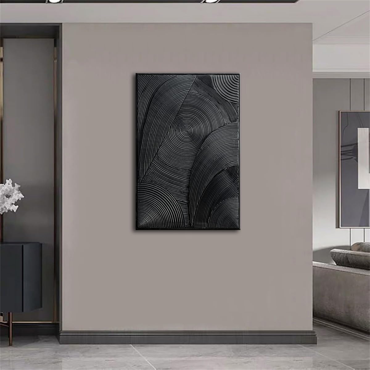 Slyart Black Textured Wall Art, Handmade Contemporary Art 3D Abstract Relief Painting, Framed Thick Texture Vertical Wall Art