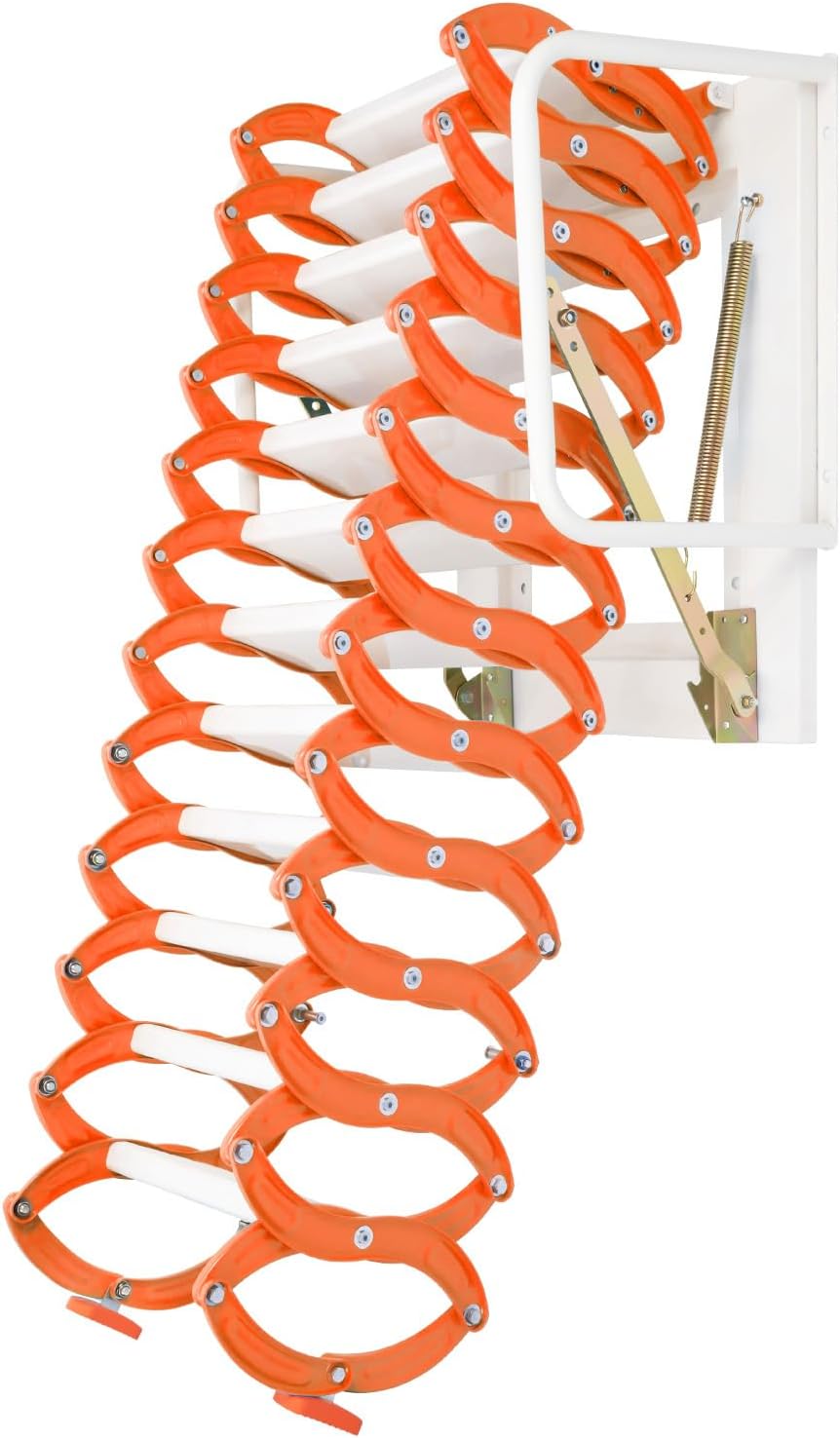 12 Steps Attic Ladder, Wall Mounted Pull Down Loft Steps Folding Stairs, 9.5-10.1Ft Height Aluminum Alloy Narrow Attic Extension Ladder w/Armrests for Basements Warehouses (12,Orang)