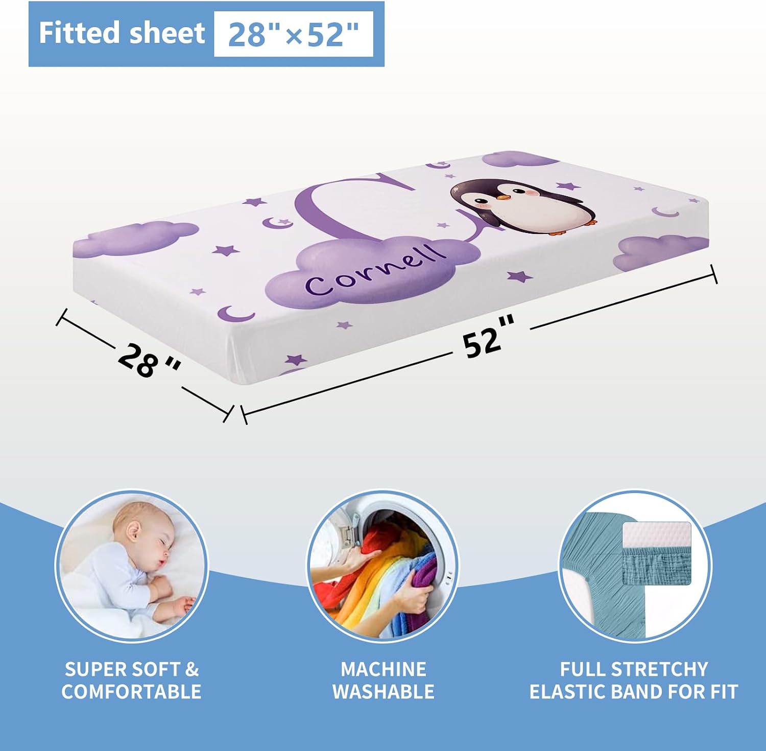 KAINSY Custom Crib Bedding Set, 5 Pcs Personalized Name Monogram Baby Crib Sets for Infants Toddlers, Purple Penguin Nursery Bedding Set for Boys Girls, Double Layer Baby Bedding Sets Customized Gifts
