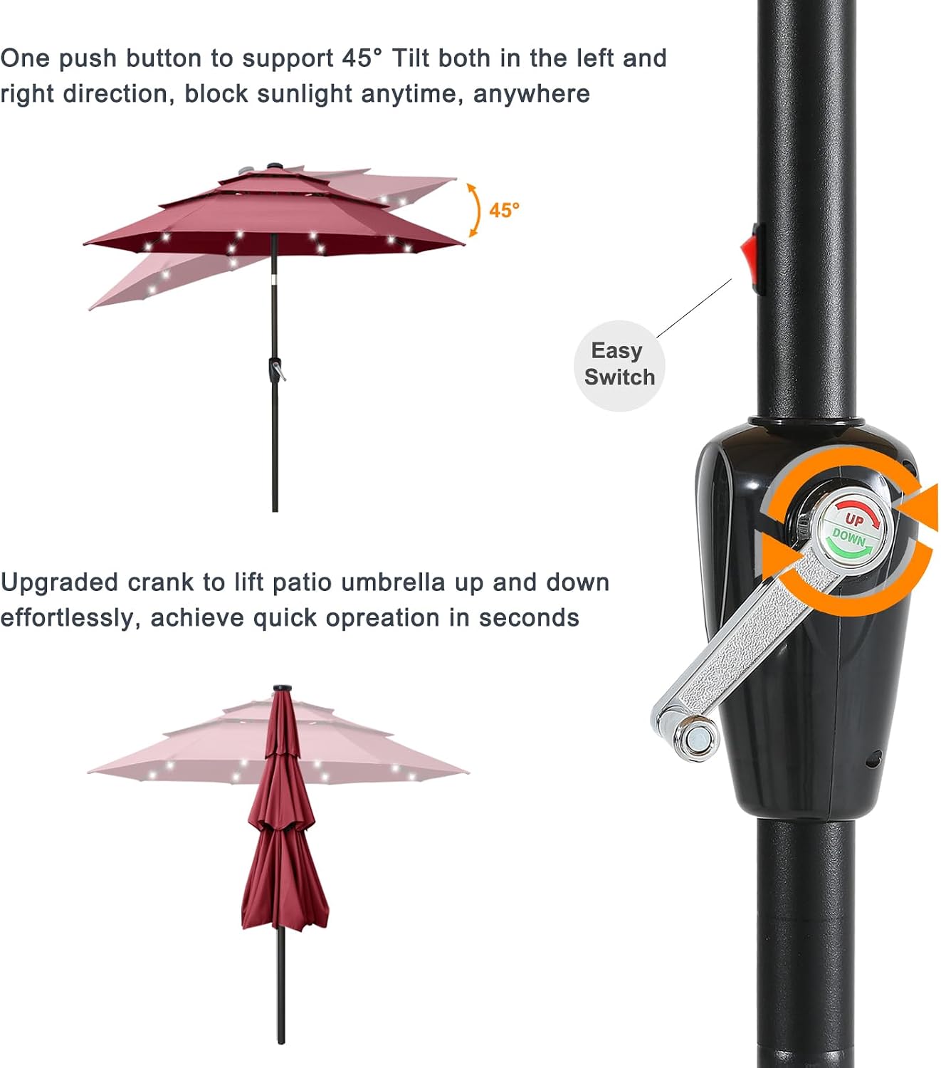 ABCCANOPY 10FT 3-Tiers Solar Led Patio Umbrellas (Burgundy)
