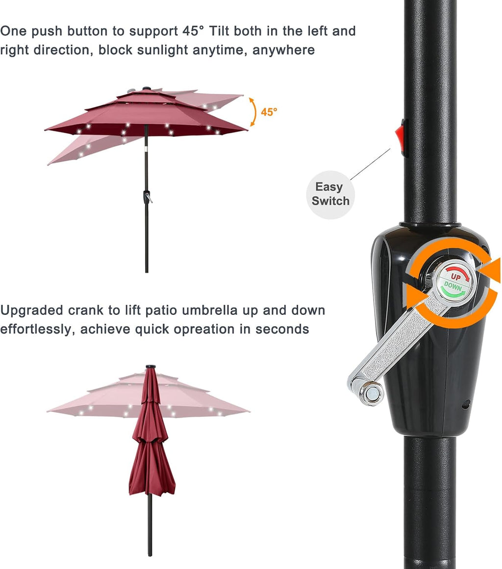 ABCCANOPY 3-Tiers 11FT Solar Patio Umbrella, Outdoor Umbrella with 32 LED Lights for for Deck, Pool, Garden, Backyard (Burgundy)