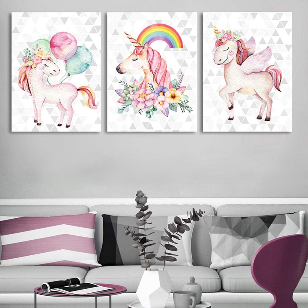 Unicorn Wall Decor Framed Canvas Art Prints Sweet Pink Horse Flower Balloon Rainbow Pictures Posters Modern Artwork Paintings Home Wall Decoration Girls Room Kids Bedroom Gift Set of 3 Panels 20x28
