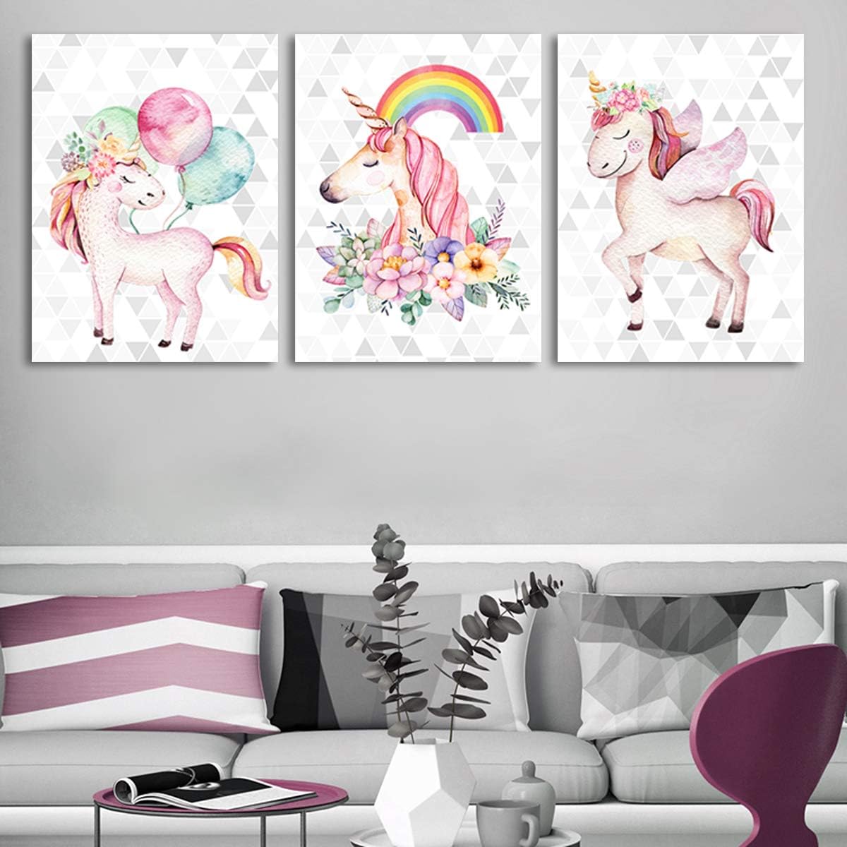 Unicorn Wall Decor Framed Canvas Art Prints Sweet Pink Horse Flower Balloon Rainbow Pictures Posters Modern Artwork Paintings Home Wall Decoration Girls Room Kids Bedroom Gift Set of 3 Panels 20x28