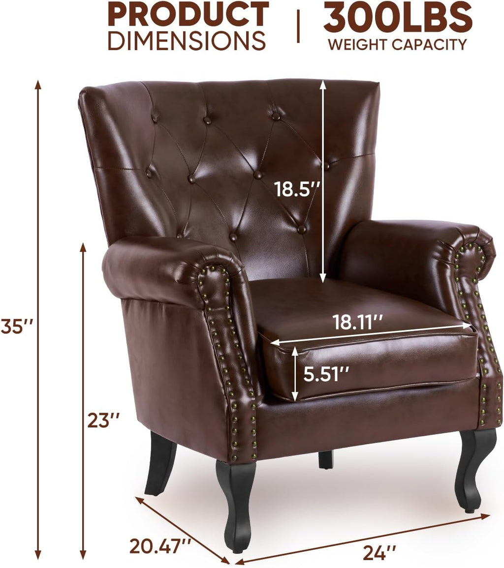 MOJAY PU Leather Accent Chair Set of 2, Mid-Century Modern Armchair Living Room Club Chair with Tufted Button & Rivet Trim, Upholstered Sofa Chair with Sturdy Wood Legs for Bedroom (Reddish Brown)