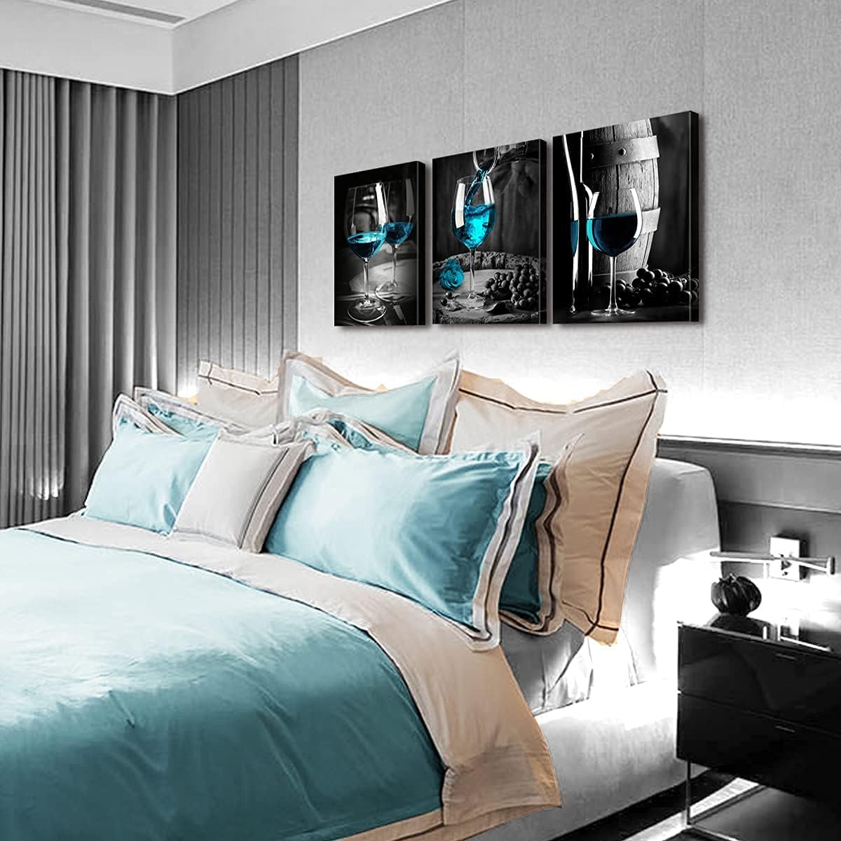 Teal Wine Dining Room Wall Decor Black and Blue Pictures Wall Art for Living Room Glass Goblet Canvas Paintings Home Decorations 16x24 Contemporary Turquoise Kitchen Bedroom Prints Posters 3 Pieces