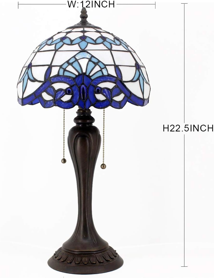 WERFACTORY Tiffany Lamp White Navy Blue Baroque Stained Glass Bedside Table Lamp Desk Reading Light 12X12X22 Inches Decor Bedroom Living Room Home Office S003B Series