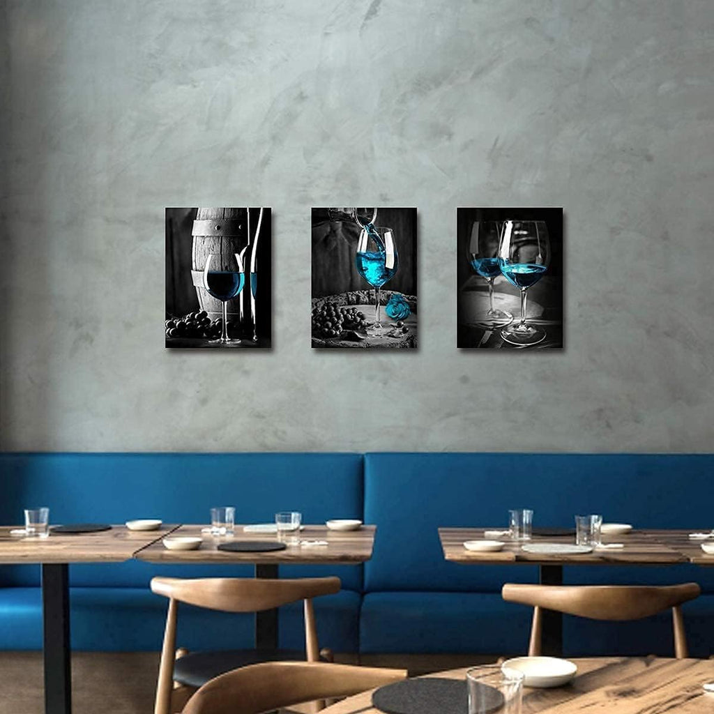 Teal Wine Dining Room Wall Decor Black and Blue Pictures Wall Art for Living Room Glass Goblet Canvas Paintings Home Decorations 16x24 Contemporary Turquoise Kitchen Bedroom Prints Posters 3 Pieces