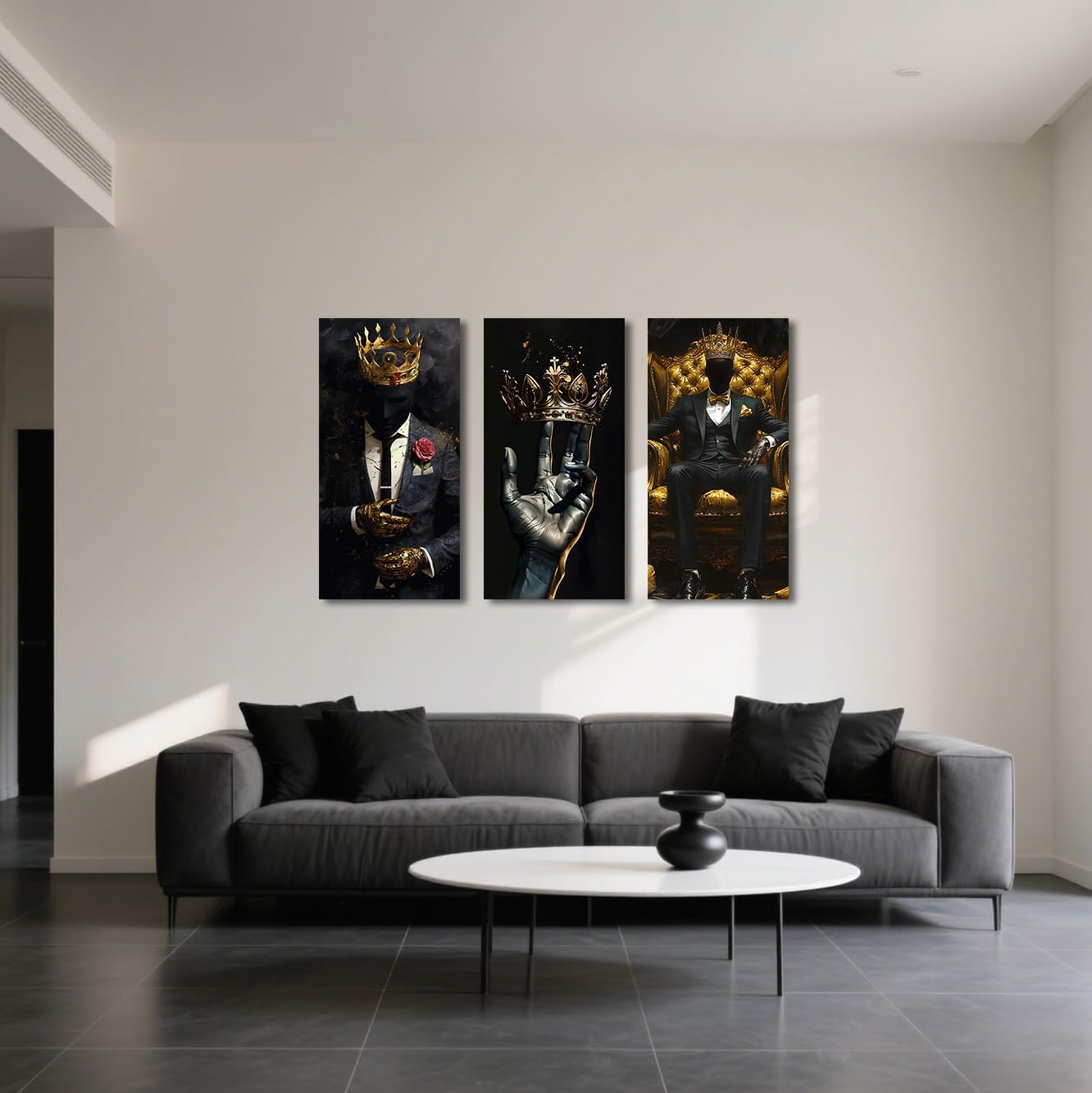 SWQYLB Black Man Canvas Wall Art 3 Pieces African American Pictures Afro King Poster Prints Gold Crown Painting for Men Bedroom Office Decor Framed (Black, 40x20inchx3 Pieces)
