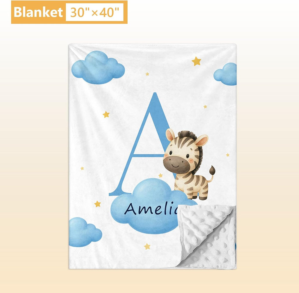 Terwex 5 Piece Customized Crib Bedding Set for Baby Boys - Custom Name Baby Crib Blue Zebra Nursery Bedding Set with Fitted Sheet, Soft Blanket, Rug, Personalized Gifts for Newborn, Toddler, Infant