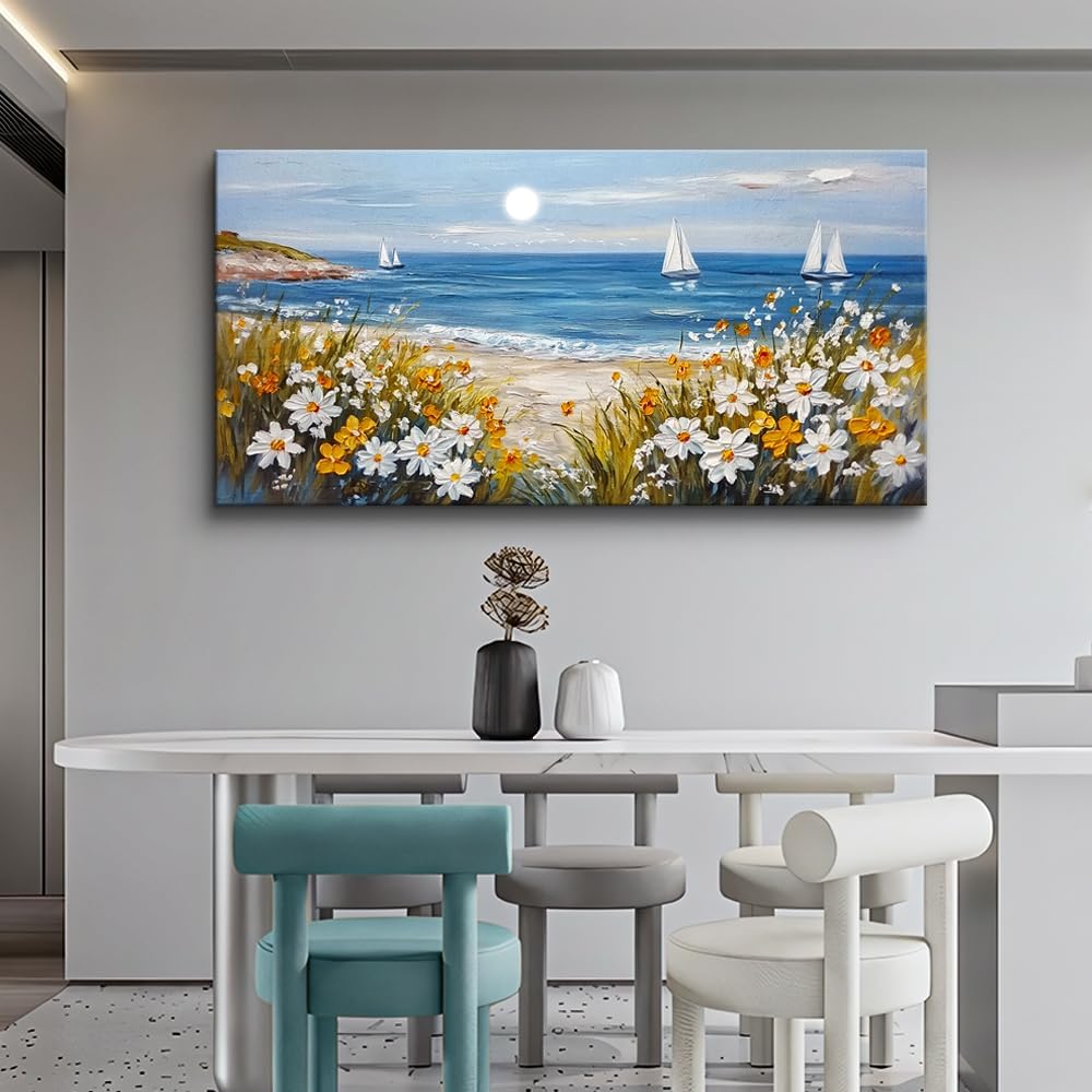 KELIYUAN Large Vintage Landscape Painting Home Decor Blue Ocean Beach Painting Living Room Decorative Wall Art Modern Print Canvas White Flowers Farmhouse Office Bedroom Wall Decor 30 X 60 Inches
