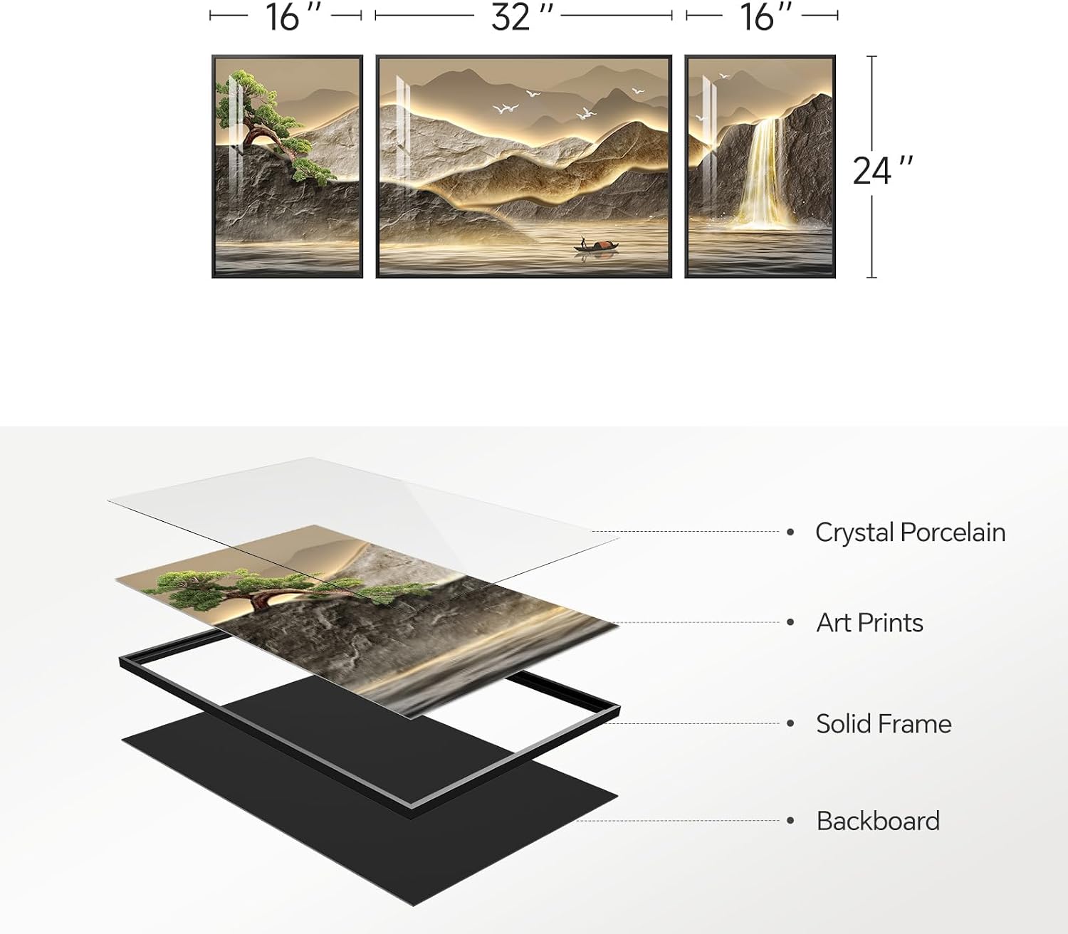 Framed Mountain Wall Art for Living Room, 3 Piece Brown Landscape Painting Prints, Modern Luxury Bright Style Pine Tree Waterfall Artwork for Dining Room,Hallway Office Wall Decor
