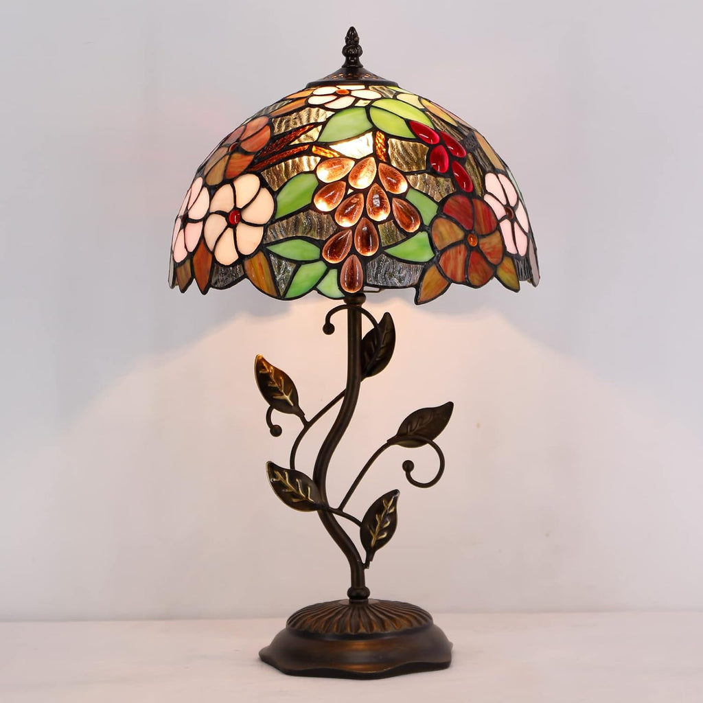 Tiffany Lamp Purple Grape Style Stained Glass Table Lamp Desk Bedside Reading Light 12X12X19 Inches with Metal Leaf Base Decor Bedroom Living Room