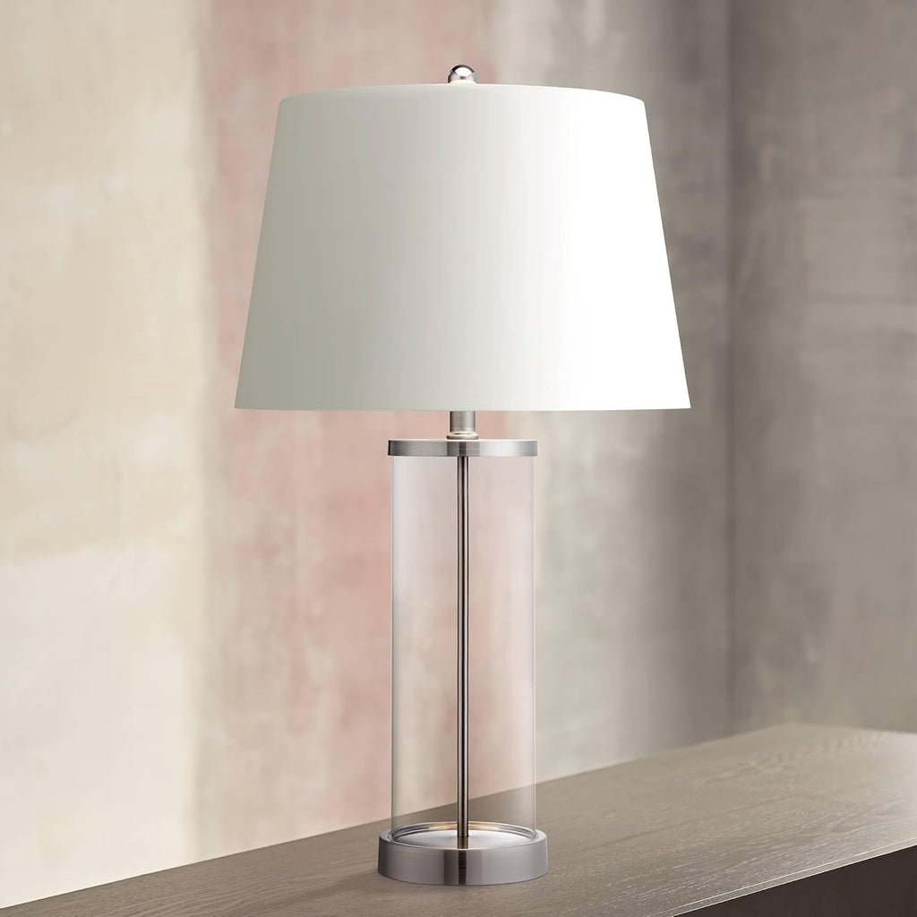 360 Lighting Modern Coastal Style Table Lamps 26' High Set of 2 Fillable Clear Glass Steel Metal White Empire Fabric Shade for Living Room Bedroom Beach House Bedside Nightstand Home Office