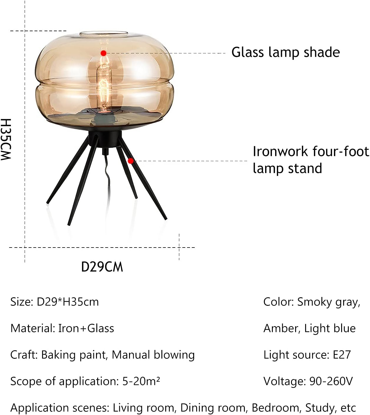 Oval Four-Leg Bracket Glass Table Lamp Personalized Glass Oval Lampshade Bedside Table Lamp Nordic Hand-Blown GlassIron Art Four-Leg Bracket Transparent Glass Lampshade Table Lamp Bedroom (Amber)