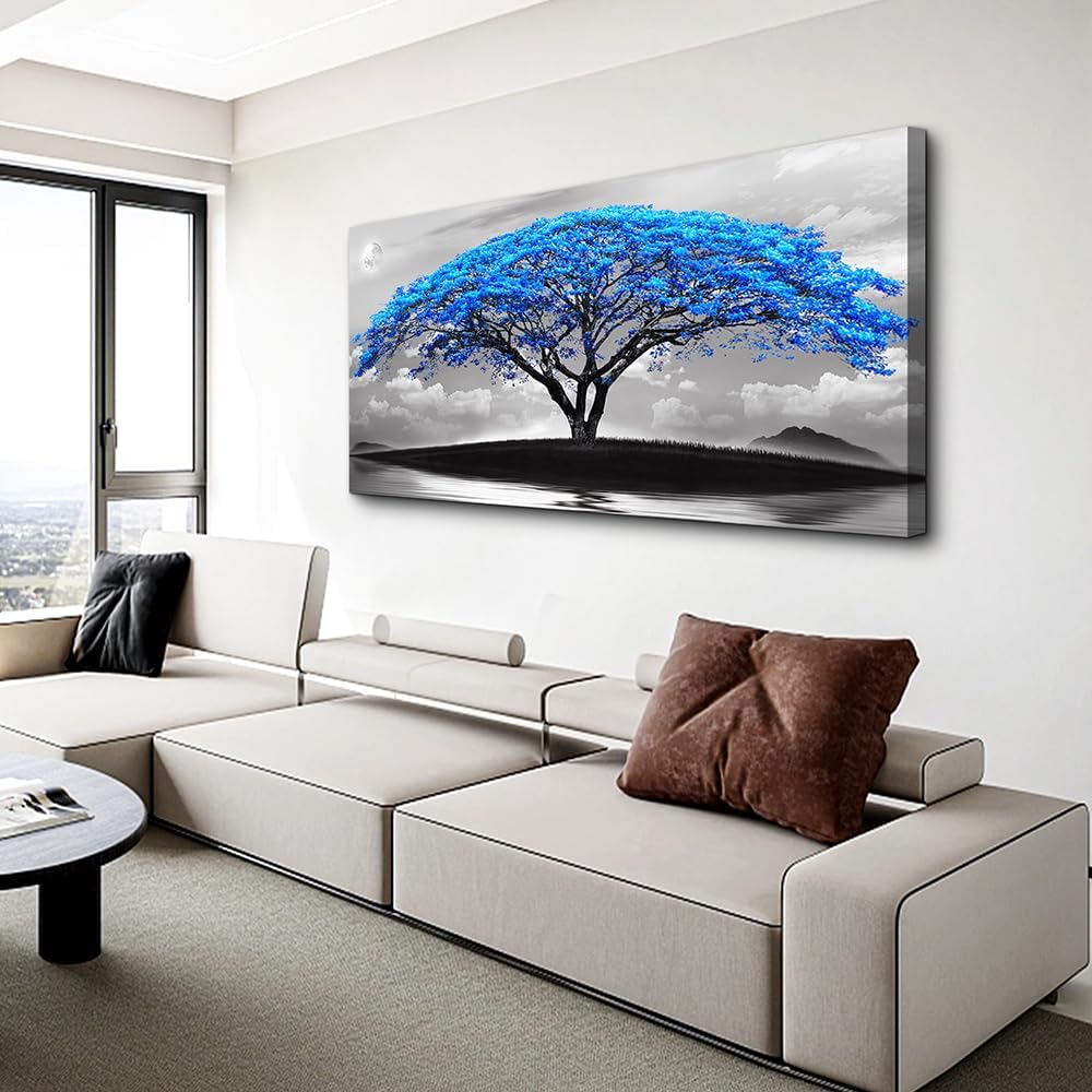 Wapluam Black And White Pictures Large Canvas Prints Wall Art For Living Room Bedroom Wall Decor Blue Tree Landscape Painting To Hang Modern Home Decorations For Office Stretched And Framed Works