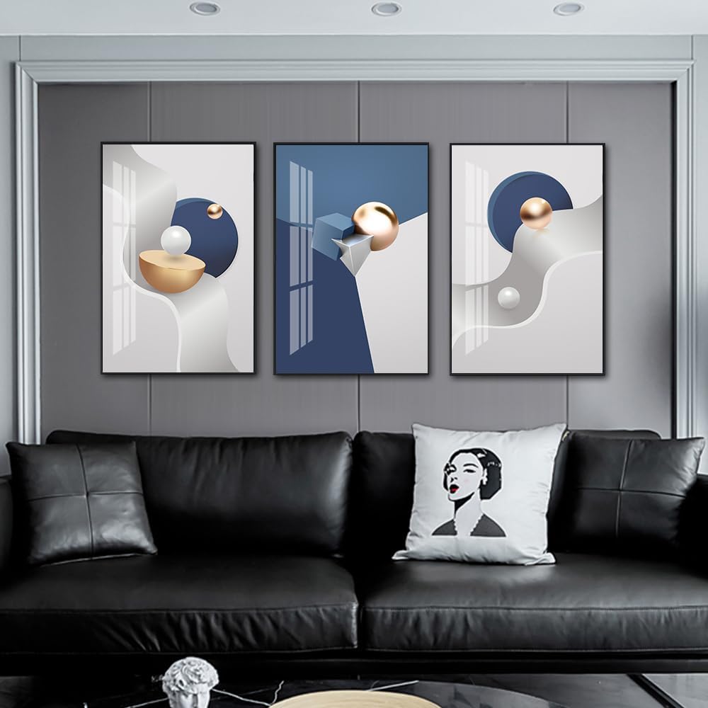 QKF Large Blue Geometry Abstract Wall Art Bright Canvas Decorative Painting Now Home, Bedroom, Living Room Painting Poster Printing Wall Decor 3-piece Set 20' X 28'
