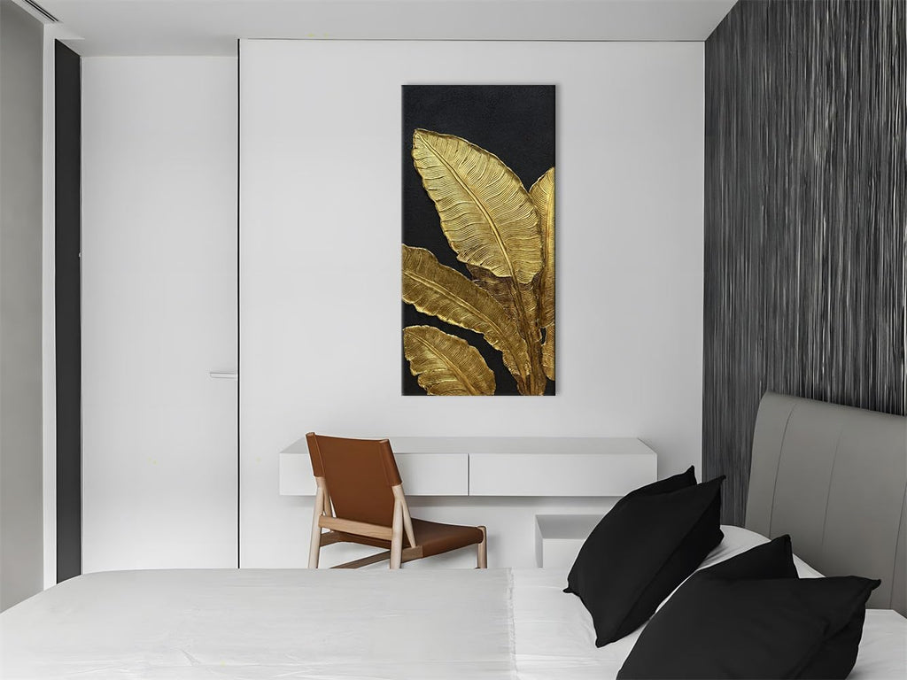 Slyart 100% Hand-Painted 3D Black and Gold Textured Wall Art, Modern Gold Banana Leaf Oil Paintings on Canvas Wall Decor