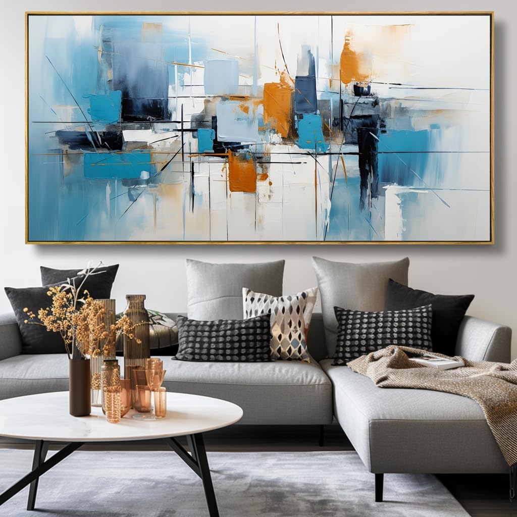 Wall Art Abstract Wall Decor Blue Orange Colorful Canvas Painting Modern Artwork for Living Room Bedroom Dining Room Home Office Decor 24'x48' with Framed