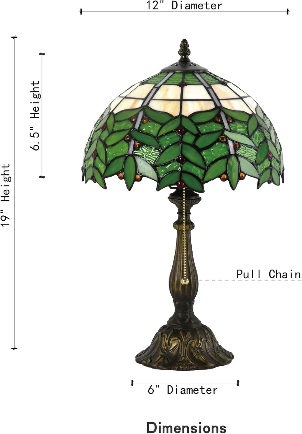 Tiffany Style Stained Glass Table Lamp 12-inch Dia Natural Green Leaf Design Lampshade Nightstand Light for Bedroom Dining Dorm Living Hallway Cottage Office Cafe Ceremony Housewarming Gift