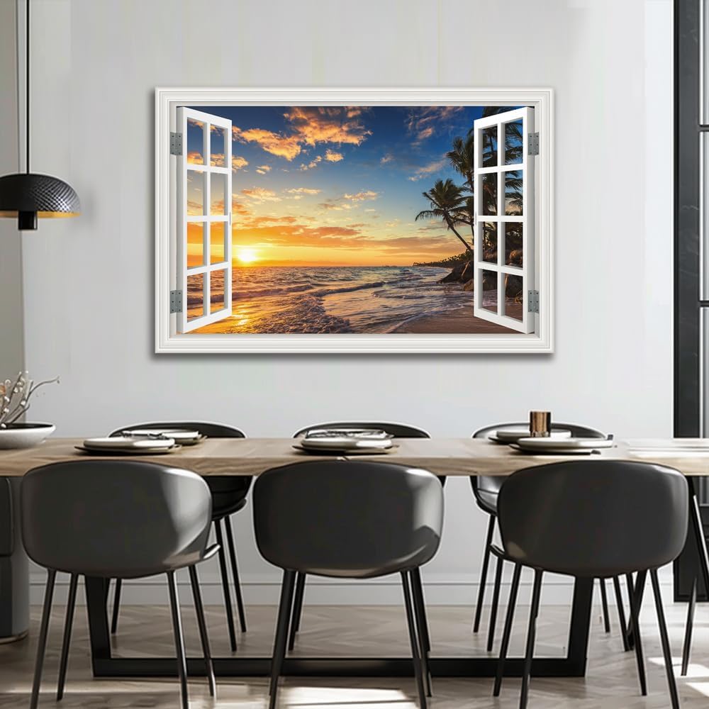 Ocean Canvas Wall Art Decor for Living Room Large Beach Pictures for Bedroom Window Frame Style Sunset Art Prints Seascape Artwork for Home Office Decorations (32 x 48 inch)