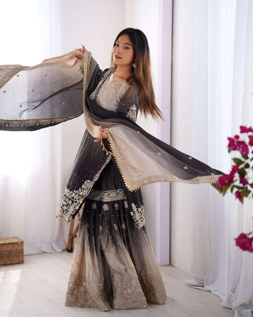 Flora Worlds Women's Chinon Silk Sequence With Rivet Moti Work Straight Kurta With Sharara and Dupatta Set
