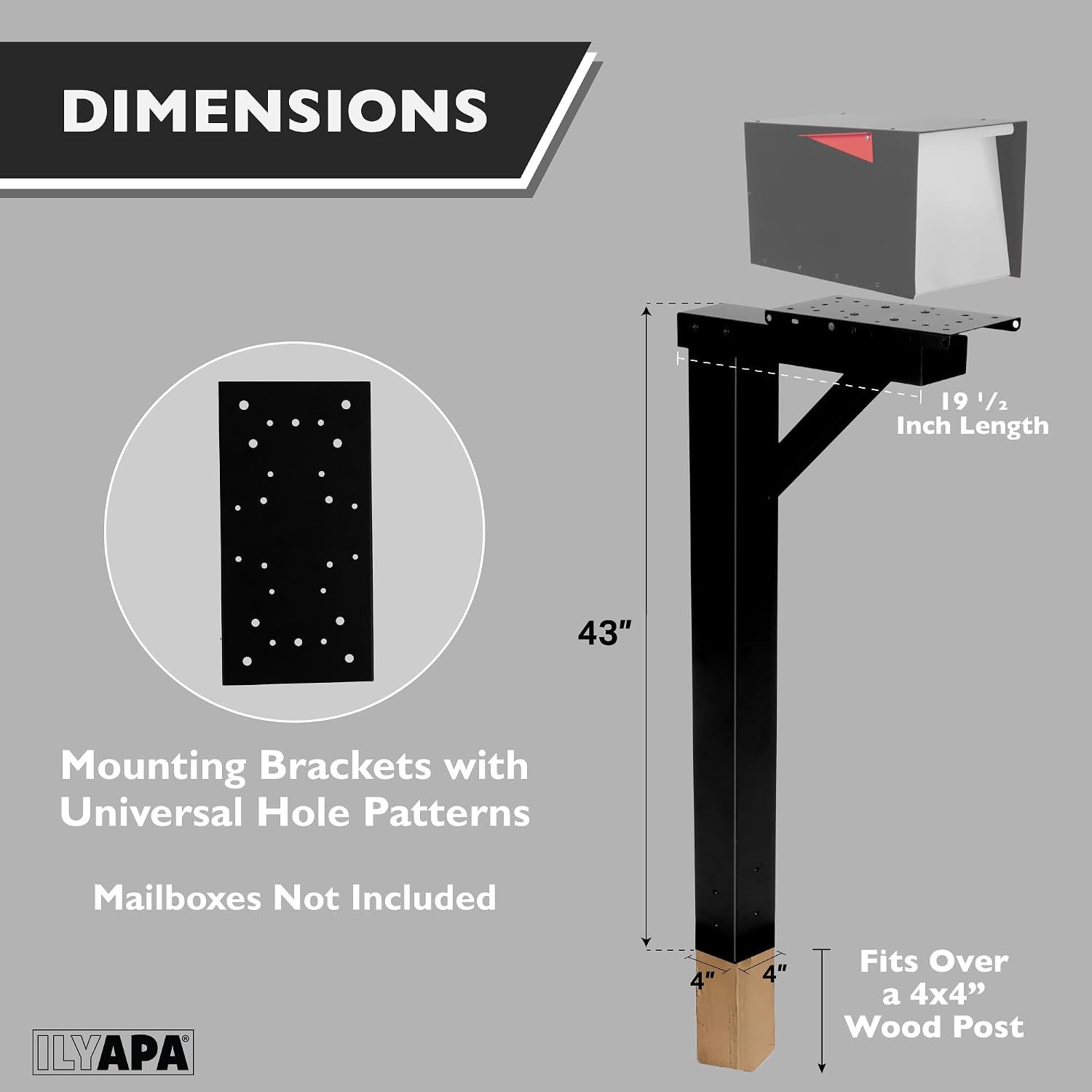Ilyapa Black Mailbox Post & Mounting Plate Kit: 43x4x4 Metal Sleeve for Residential Curbside Mailboxes with Universal Brackets, No Wood Required