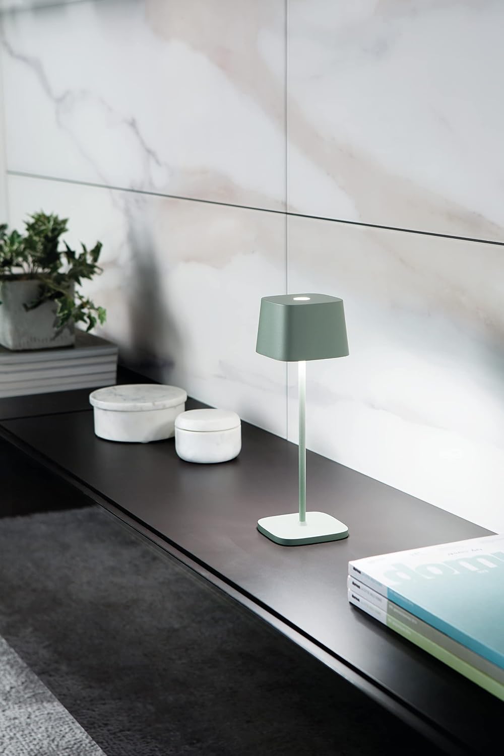 Zafferano, Ofelia Pro Lamp, Rechargeable Cordless Table Lamp with Touch Controls, Suitable for Indoor and Outdoor, Dimmer, 2700-3000 K, Height 12 Inches, Sage Color
