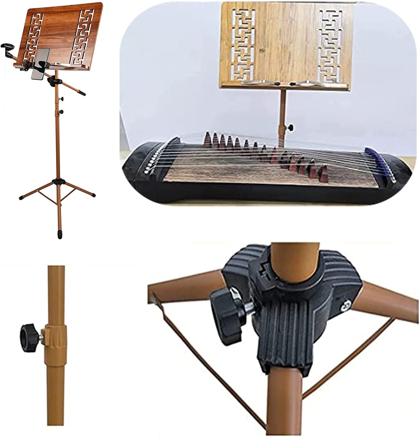 Extra Stable Metal Music Stand, Two-in-one Dual-use Bamboo Book Stand, Sheet Music Stand With Violin Hanger, Classic Stand For Musical Instruments, Restaurant, Hotel Menu Stand (Wood 17cm*45cm*75cm)
