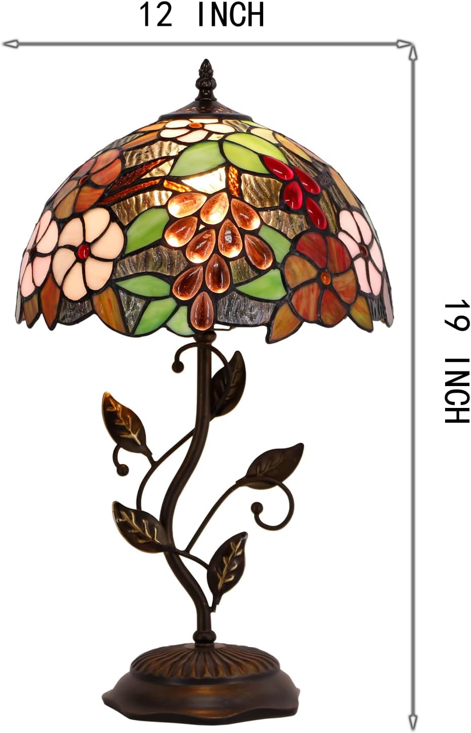 Tiffany Lamp Purple Grape Style Stained Glass Table Lamp Desk Bedside Reading Light 12X12X19 Inches with Metal Leaf Base Decor Bedroom Living Room