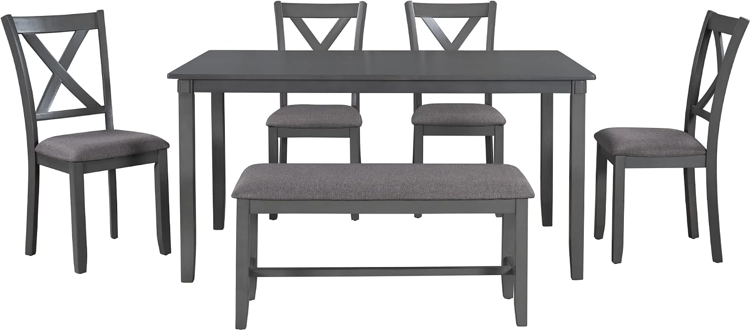 6-Piece Dining Room Table Set, Rustic Farmhouse Wood Dining Table Set with Rectangular Table 4 Upholstered Padded Chairs and 1 Padded Bench, Dining Set for Family of 4-6 People (Grey)
