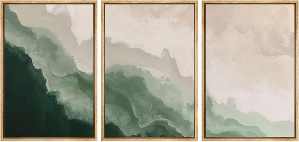 SIGNFORD Framed Canvas Print Wall Art Set Abstract Green Waves Illustration Modern Art Decorative Nordic Minimal Zen for Living Room, Bedroom, Office - 24'x36'x3 Natural