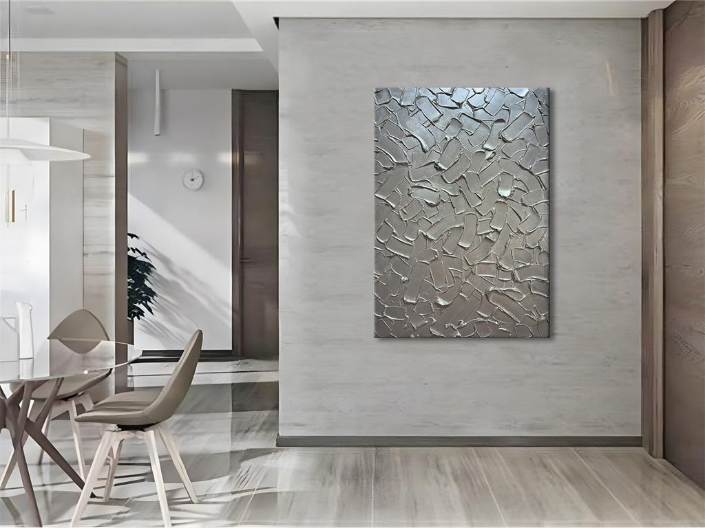 Slyart Handmade 3D Texture Wall Art Modern Abstract Painting 28x40 Inches Minimalist Silver Gray Artwork Oil Painting on Canvas Wall Decor for Living Room Bedroom