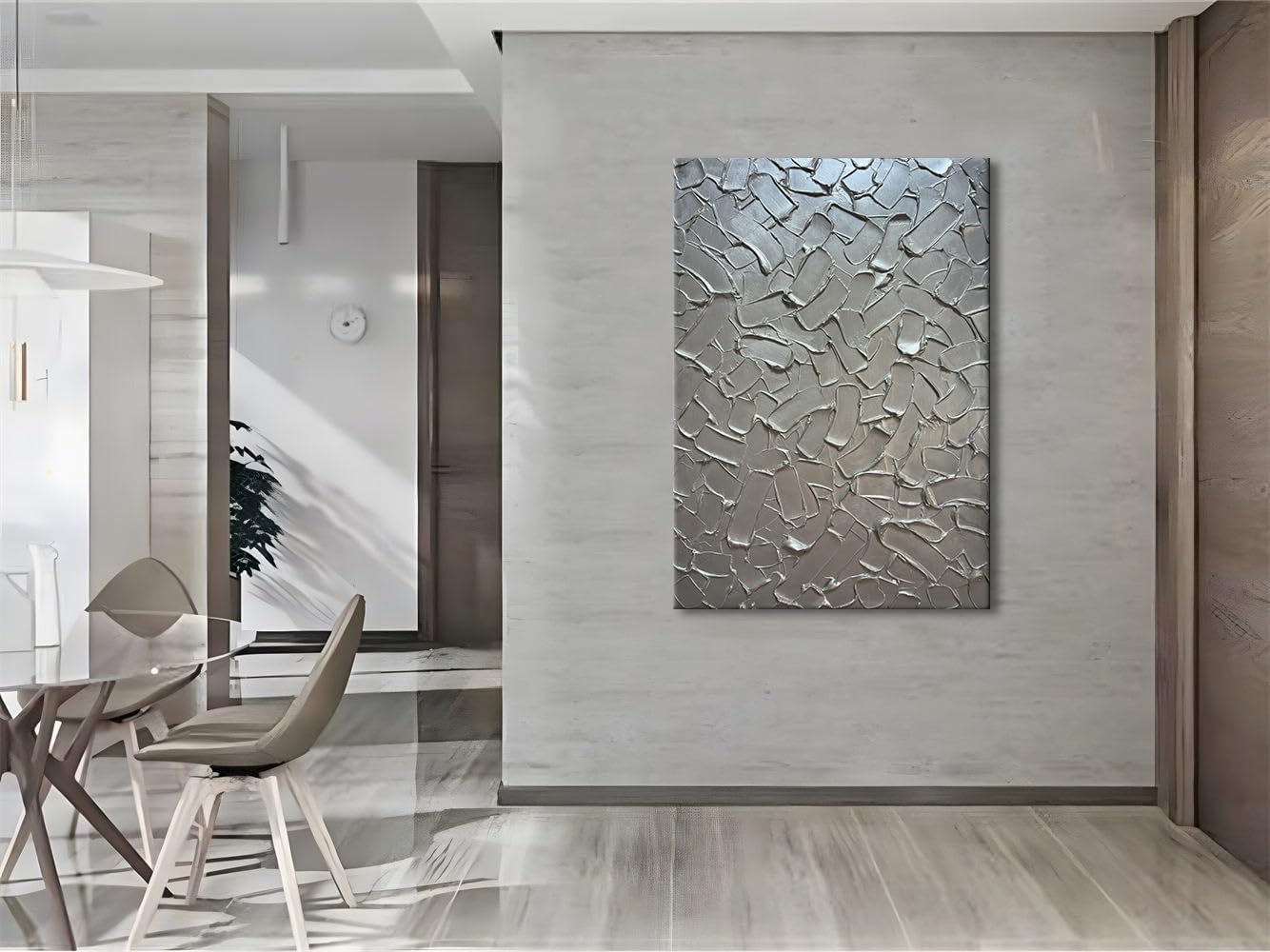 Slyart Handmade 3D Texture Wall Art Modern Abstract Painting 28x40 Inches Minimalist Silver Gray Artwork Oil Painting on Canvas Wall Decor for Living Room Bedroom