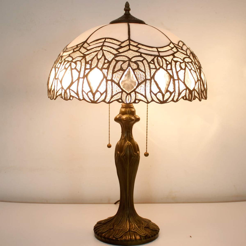 WERFACTORY Tiffany Style Table Lamp White Stained Glass Crystal Bedside Lamp 16X16X24 Inch Desk Reading Light Metal Base Decor Bedroom Living Room Home Office S508W Series