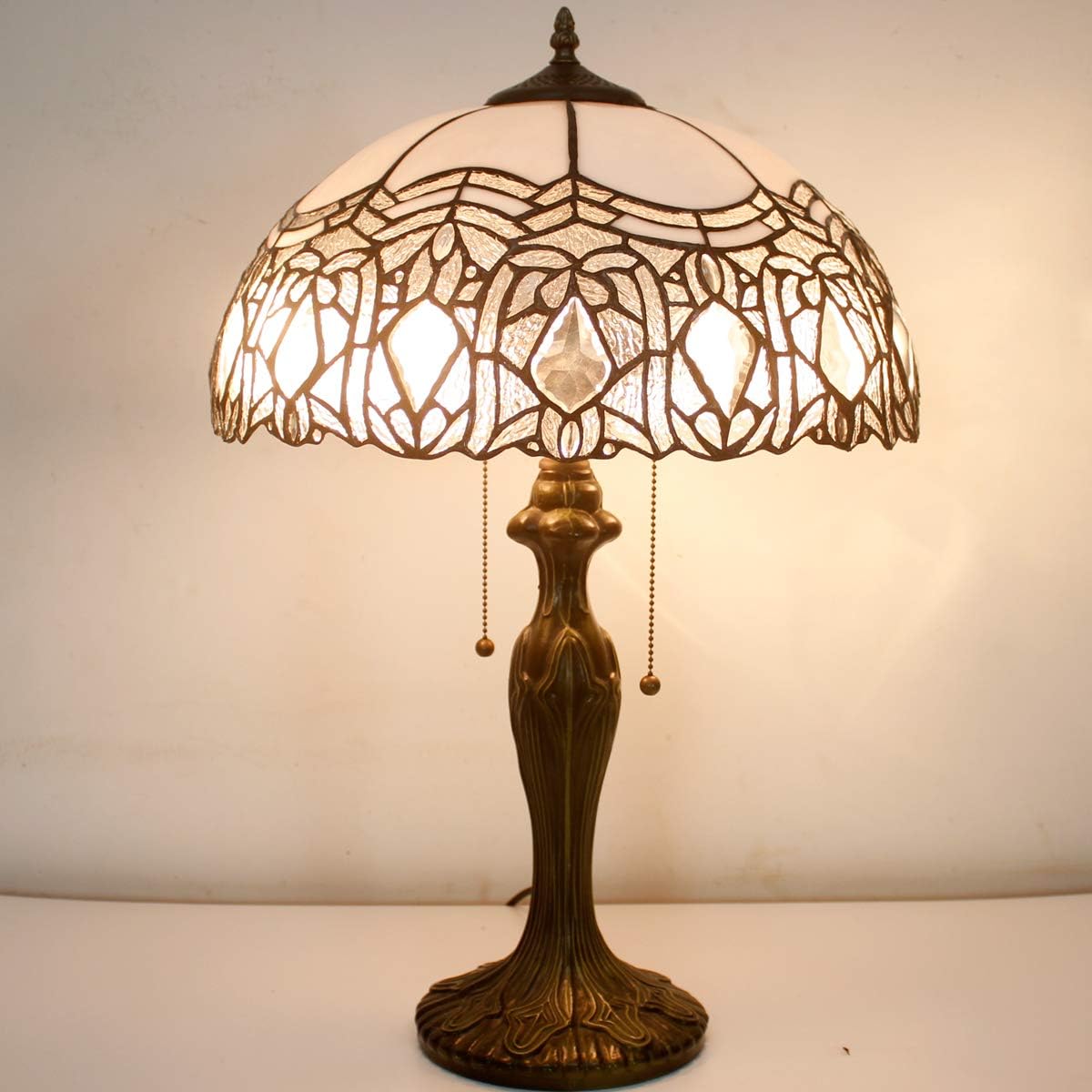 WERFACTORY Tiffany Style Table Lamp White Stained Glass Crystal Bedside Lamp 16X16X24 Inch Desk Reading Light Metal Base Decor Bedroom Living Room Home Office S508W Series