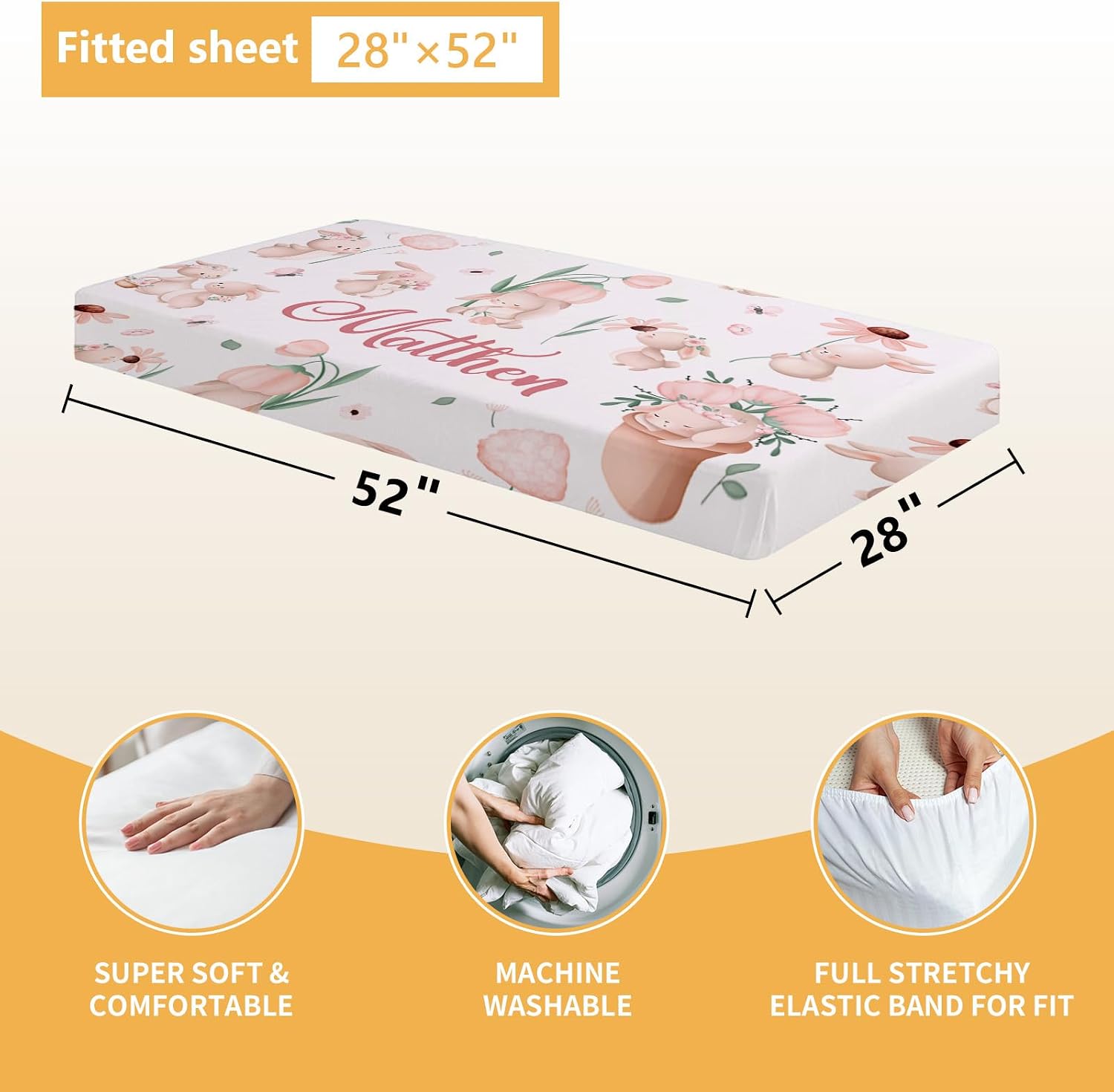 Terwex Custom Baby Crib Bedding Set - 5 Pcs Personalized Name Baby Crib Set with Double Layer Blanket - Soft Tulip Bunny Nursery Bedding Set for Girls Boys - Customized Gifts for Infants Toddlers