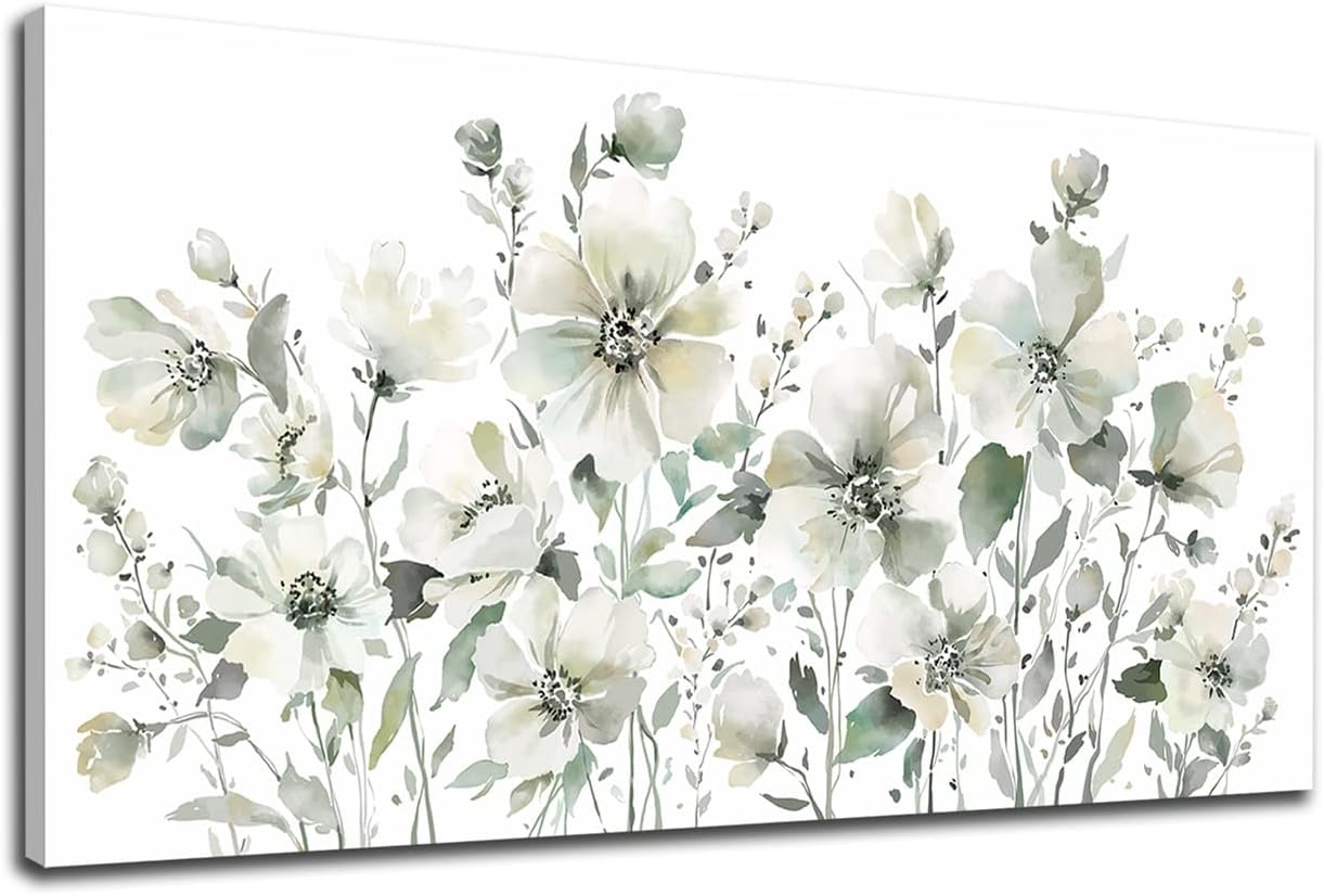 Elegant Flowers Wall Art Abstract Floral Pictures Wall Decor Modern Green Botanical Canvas Painting Flower Blossom Canvas Print Artwork for Living Room Bedroom Office Home Wall Decoration 29' x 58'