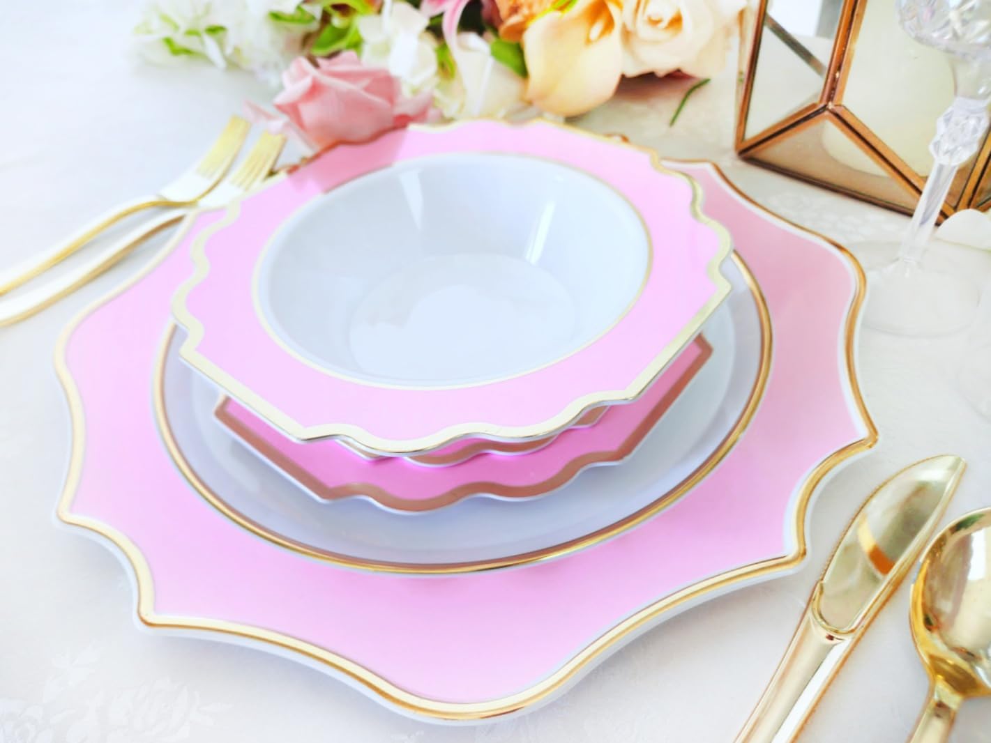 ' OCCASIONS ' 960 Piece set (120 Guests)-Heavyweight Wedding Party Disposable Plastic Plate Set - 120 x 10.5'' + 120 x 8'' + Silverware + Cups + Napkins (Imperial in Rose Pink & Gold)