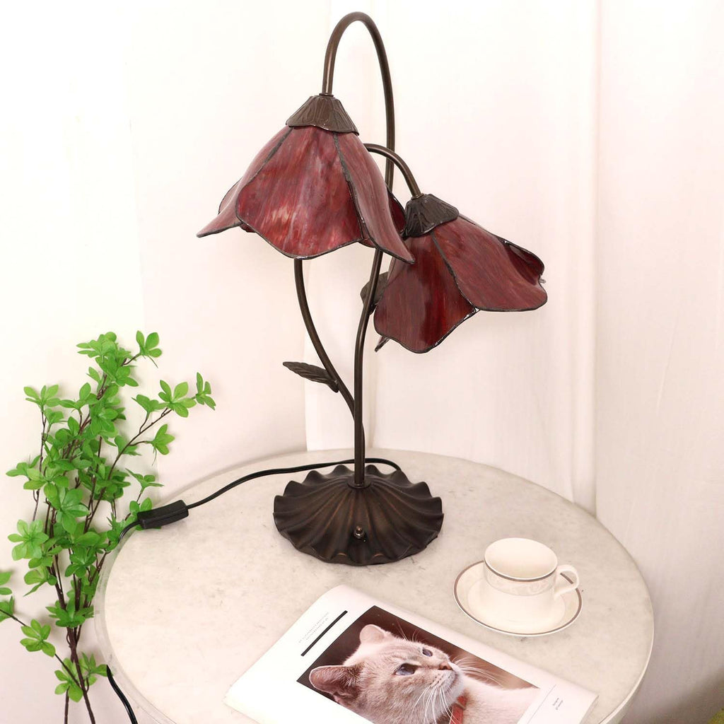 Bieye L12019 Flower Tiffany Style Stained Glass Table Lamp with 8-inch Wide Bent Glass Lampshade Lily Pad Base (Red, 2-Light)