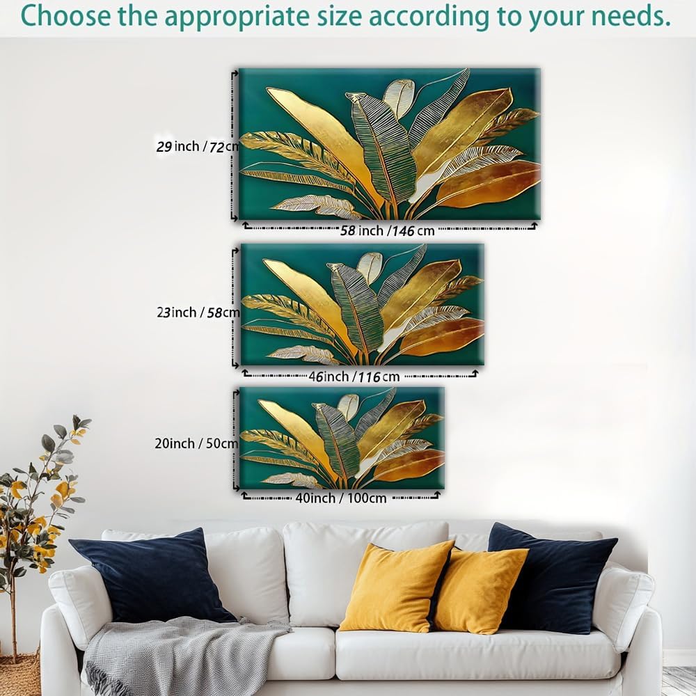 IDAFU Green Leaf Wall Art, Green and Gold Leaves Wall Painting, Emerald Green Tropical Botanical Décor Canvas Prints, Abstract Sage Boho Painting for Office Home Décor, Ready to Hang 60L x 30W