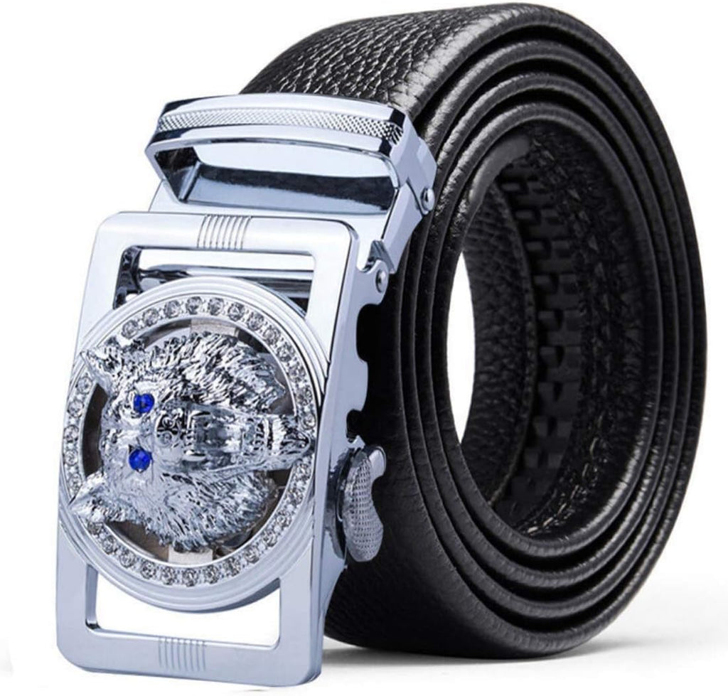 1.38' Luxury Genuine Leather Men's Dress Belt Wolf-Head Buckle Automatic Ratchet Reversible Gift Box