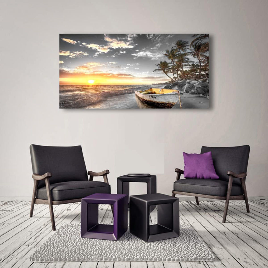 Beach Wall Art Canvas Prints Art Black and White Sunset Seascape Pictures Bedroom Decor Boat Tree Ocean Landscape Painting for Living Room Office Decoration Natural Scenery Artwork 28 x 57inches