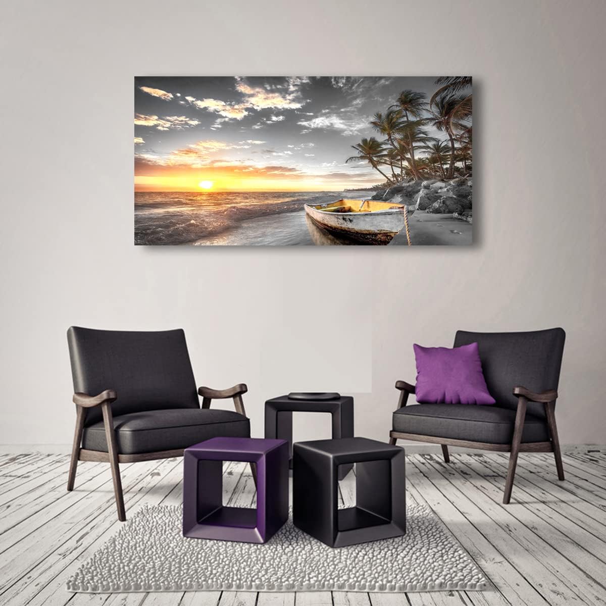 Beach Wall Art Canvas Prints Art Black and White Sunset Seascape Pictures Bedroom Decor Boat Tree Ocean Landscape Painting for Living Room Office Decoration Natural Scenery Artwork 28 x 57inches