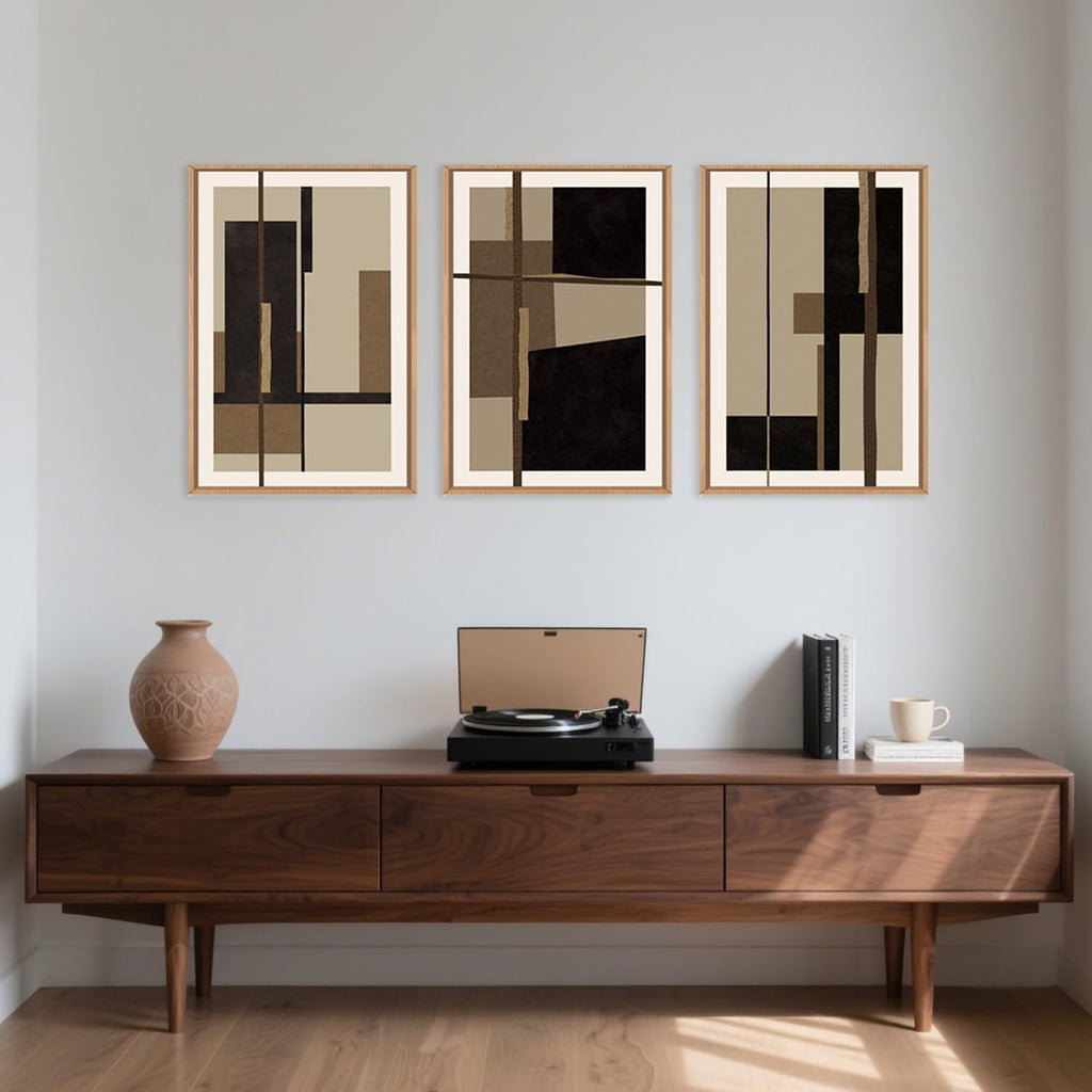 Abstract Shapes Framed Canvas Wall Art Set, Mid-Century Black Polygon Wall Decor, Black Brown Irregular Painting, Neutral Modern Art Print for Living Room, Dining Room, Office - 24'x36'x3