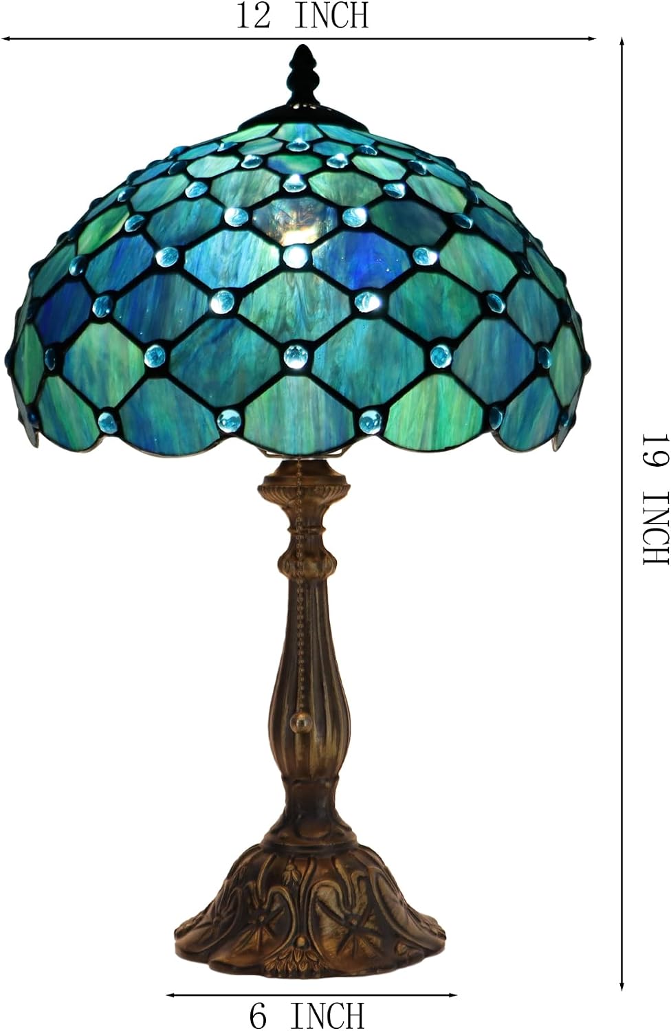 Tiffany Lamp Stained Glass Table Lamp Bedside Reading Light W12H19 Inches (Sea Blue Pearl Style)