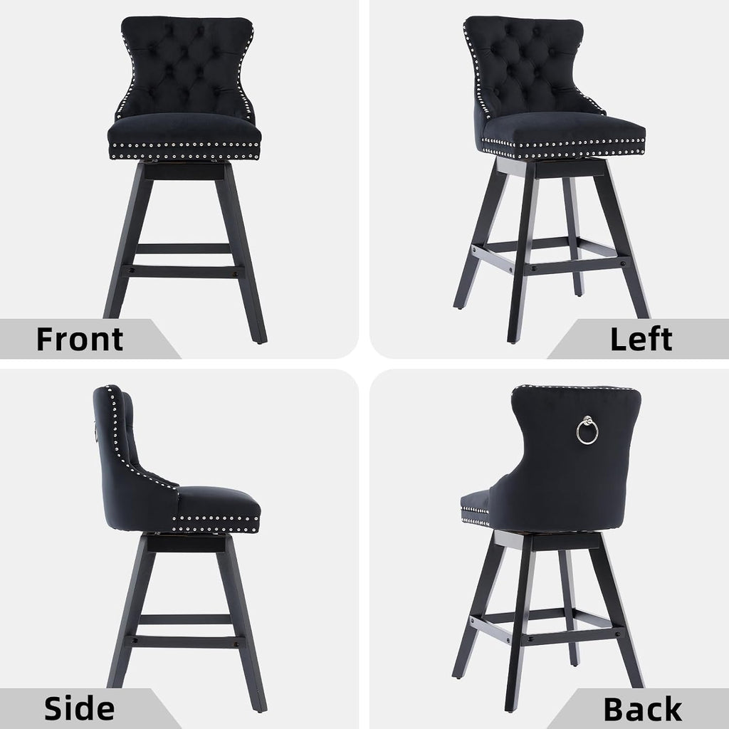 Black Bar Stools Set of 2, Modern Swivel Velvet Counter Height Barstools, Upholstered Kitchen Island Chairs with Button Tufted Back, Rivet Trim, Solid Wood Legs, 26' H Seat, Black